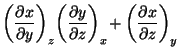 $\displaystyle \left(\frac{\partial x}{\partial y}\right)_{z}\!\left(\frac{\partial y}{\partial z}\right)_{x}\!+\left(\frac{\partial x}{\partial z}\right)_{y}\!$