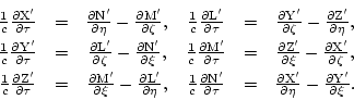 \begin{displaymath}
\begin{array}{cccccc}
\frac{1}{c}\frac{\partial \rm X'}{\par...
...l \eta} - \frac{\partial \rm Y'}{\partial \xi}. \\
\end{array}\end{displaymath}