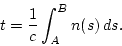 \begin{displaymath}
t=\frac{1}{c}\int_{A}^{B}n(s)\,ds.
\end{displaymath}